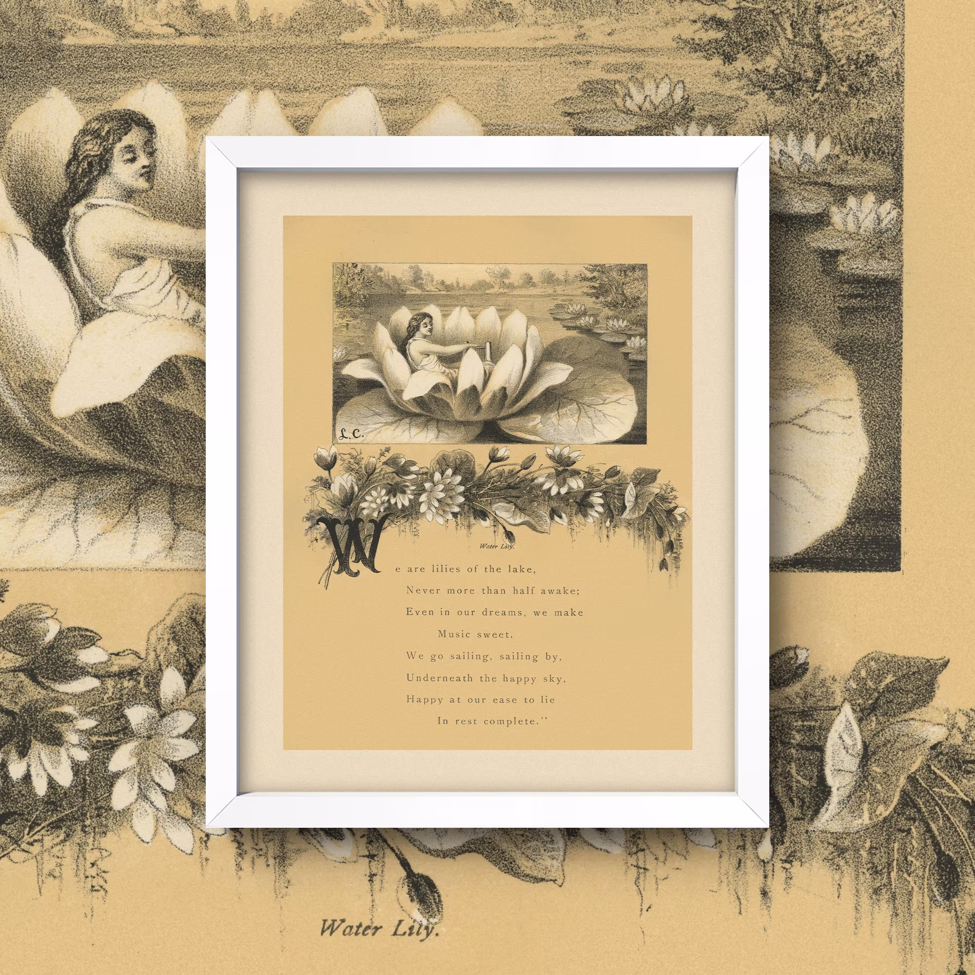 Antique Waterlily Print Woman Floating in Waterlily Vintage Poem Victorian Bathroom Wall Art