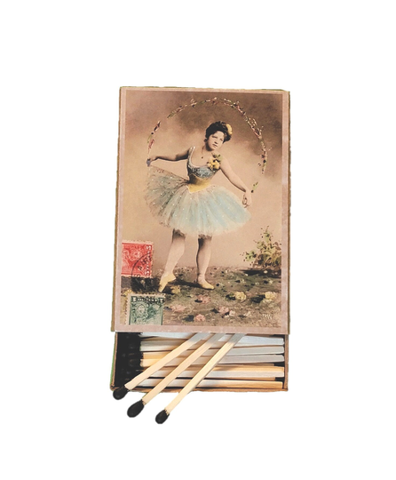 Handmade in Usa, "Nymph in Blue Tutu" Large Matchbox. 3-Inch Black-Tipped Wooden Matches. Vintage Burlesque Art. Decorative. 100% Recycled